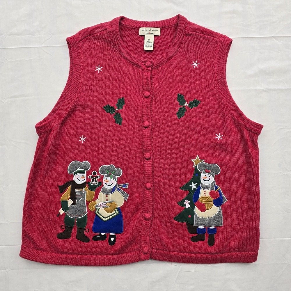 Vintage Y2K Bechamel Woman 2X Christmas Sweater Vest Snowman Chef Applique